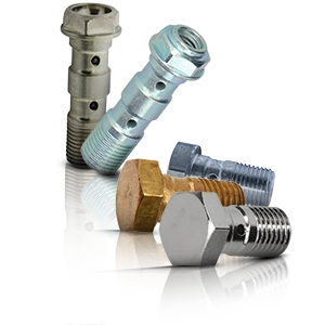 Various screw nipples and hollow screws made of metal in silver and brass colors.